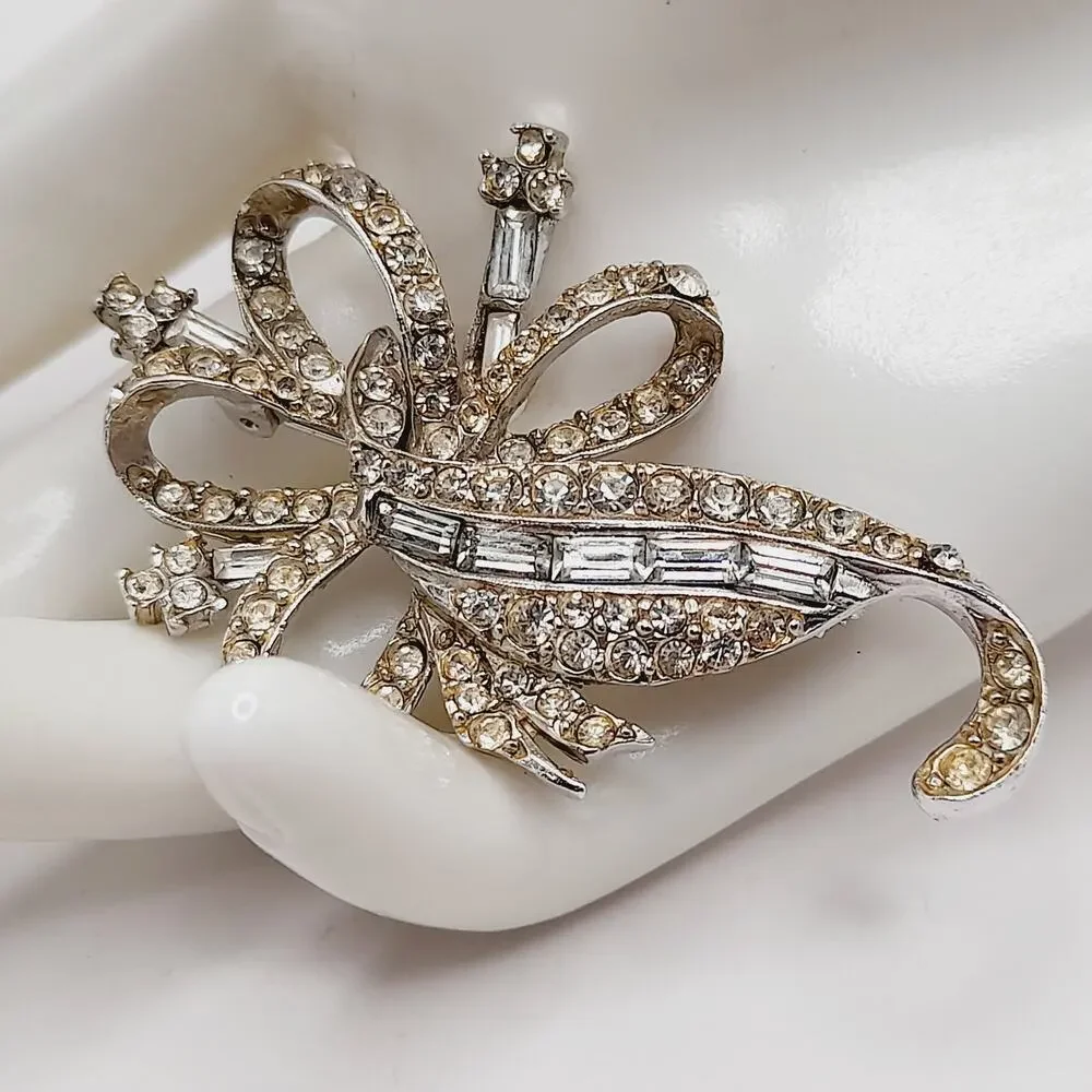 Vintage PELL Clear Rhinestone Brooch Baguettes Silver Tone 1960s